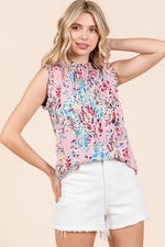 Lime 'N' Chili Full Size Graphic Print Ruffle Trim Mock Neck Sleeveless Top Plus Size