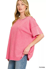 Zenana Acid Wash French Terry Drop Shoulder Raw Edge Top