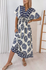 Floral Print Contrast Patchwork V Neck Dolman Dress
