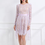 Women Lace Patchwork Pleated Waist Round Neck Long Sleeve Dress With A Shorter Front And Longer Back Design