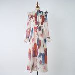 Women Retro And Sophisticated Lady Flared Sleeve French Style Gentle High End Unique And Stylish Belted Lace Printed Dress