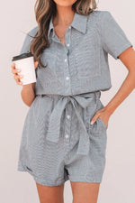 Stripe Chest Pockets Tie Waist Romper