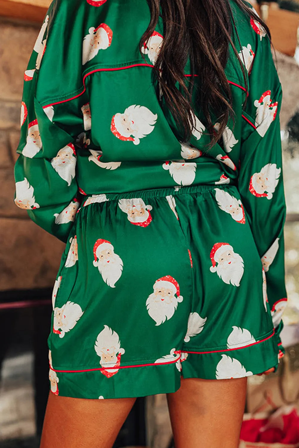 Santa Collared Neck Long Sleeve Top and Shorts Lounge Set - Ladyez