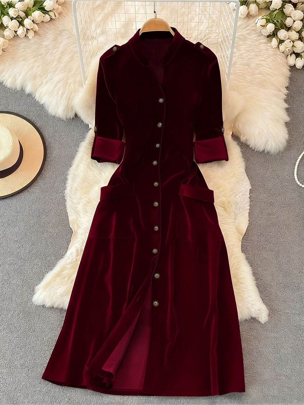 Autumn Winter French Retro Elegant High Grade Velvet Cardigan Dress for Women