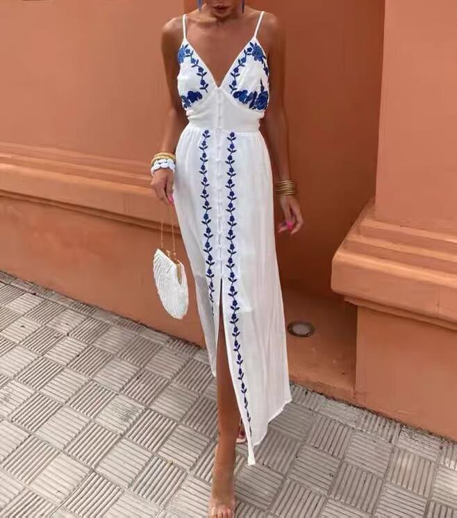 Autumn Embroidery Heavy Industry Sweet Fresh Robe Vacation Beach Vest Maxi Dress