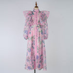 Women Spring Autumn Printed Belt Stand Up Collar Long Sleeved Dress
