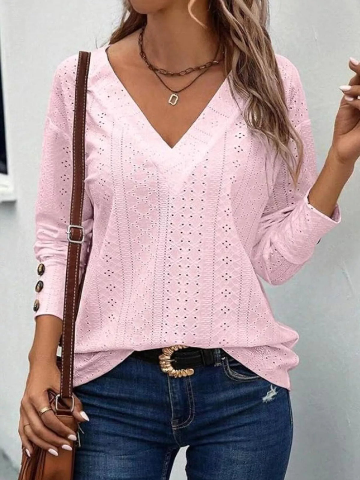 Eyelet V-Neck Long Sleeve Blouse