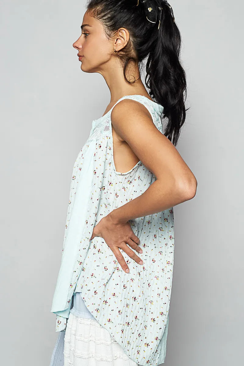 POL Floral Print Button-Front Lace Patchwork Tank Top - Ladyez