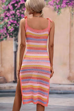 Striped Tie Shoulder Split Cover Up Dress - Ladyez
