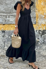 V Neck Ruffled Cap Sleeve Smocked Maxi Dress - Ladyez