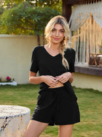 V-Neck Short Sleeve Top and Pocketed Shorts Lounge Set - Ladyez