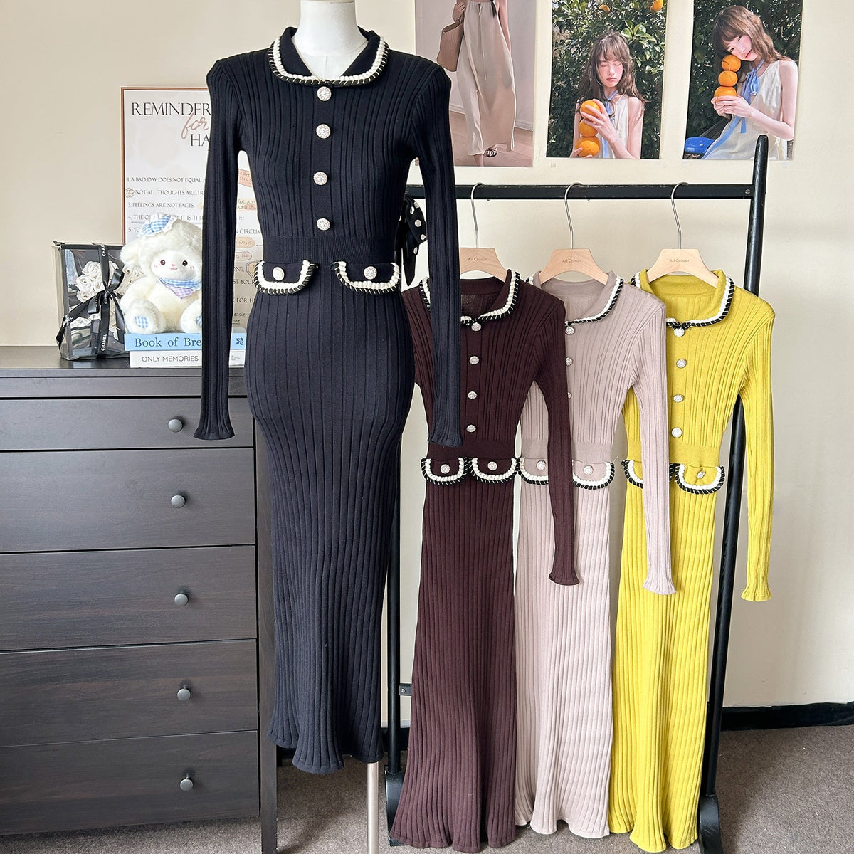 Women Spring Autumn Style Babydoll Dress With Knitted Long Dress