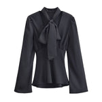Women Clothing Winter Elegant Silk Satin Texture V neck Scarf Shirt