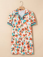 Contrast Trim Floral Split Neck Puff Short Sleeve Tiered Mini Dress