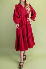Solid Color Ruffle Trim Long Sleeve Tiered Shift Midi Dress