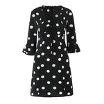 French Retro Dots Dress Women Holiday V neck Slim-Fit Flared Sleeves Slimming A line Dress