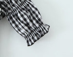 French Retro Minority Design High Waist Color Contrast Check Maxi Dress Women Elastic Waist Puff Sleeve Dress