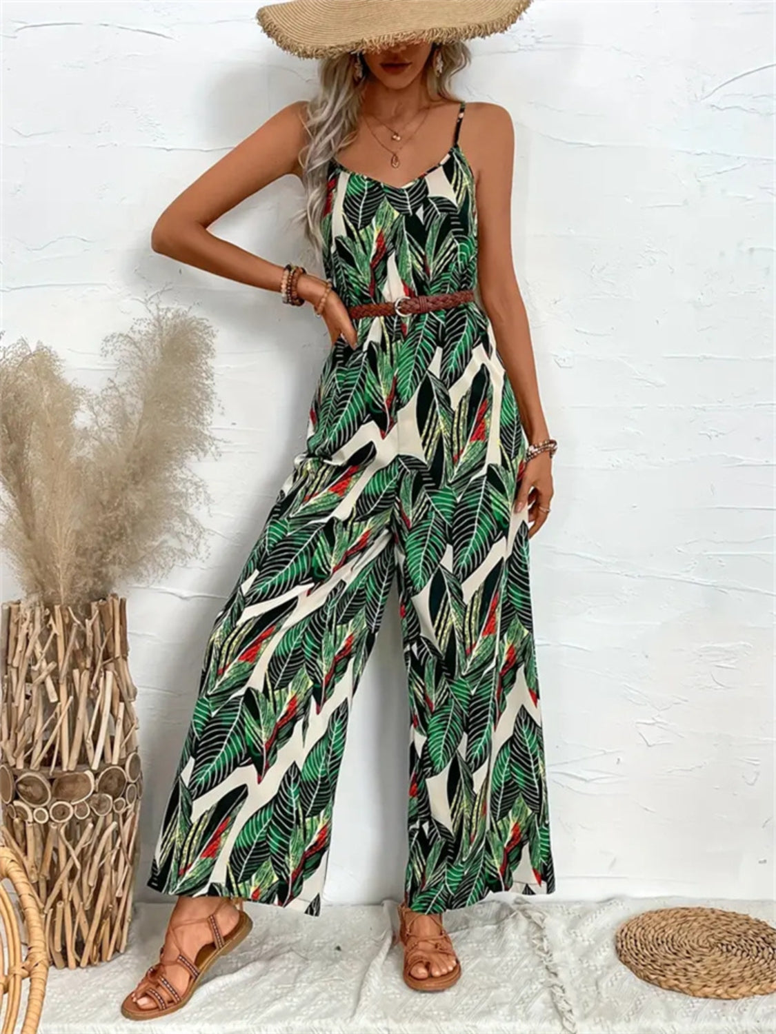 Tropical Print Spaghetti Strap Wide Leg Jumpsuit - Ladyez