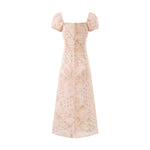 Retro Square Collar Lace up Bubble Sleeve Printed Dress Autumn High Waist Slim Slimming Vacation Maxi Dress