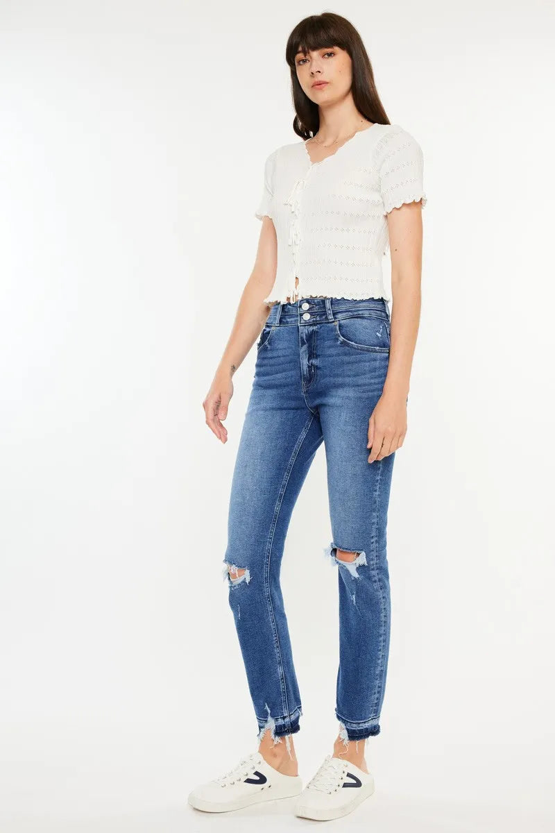 Kancan High Rise Distressed Slim Straight Jeans - Ladyez