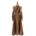 Women Loose Fitting V Neck Lantern Shaped Long Sleeved Wide Skirted Printed Dress