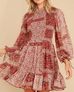 Women Clothing Western Imitation Bow Tie Cuff Patchwork Printed Dress
