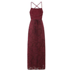 Off Shoulder Fitted Waist Backless Lace up Strap Dress Women Retro Elegant Jacquard French Maxi Dress