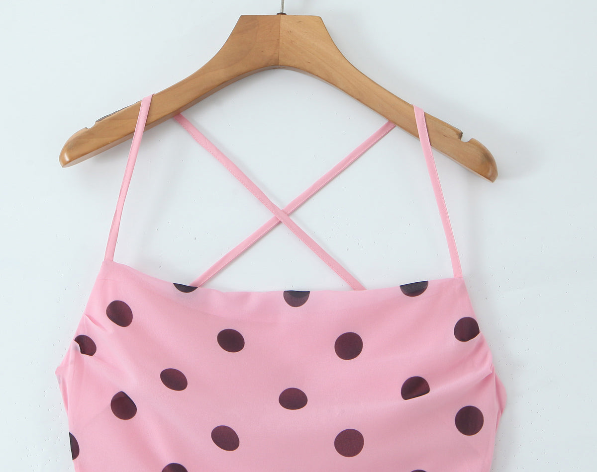 Gentle Elegant Pink Polka Dot Brace Dress Women Vintage Backless Lace up Design Tight Waist Maxi Dress