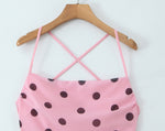 Gentle Elegant Pink Polka Dot Brace Dress Women Vintage Backless Lace up Design Tight Waist Maxi Dress