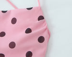 Gentle Elegant Pink Polka Dot Brace Dress Women Vintage Backless Lace up Design Tight Waist Maxi Dress