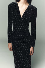 Women Clothing Autumn Bright Beaded Velvet Midi Dress