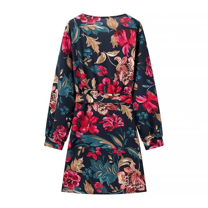 Autumn Winter All Match Printed Dress Deep V Plunge neck Long Sleeve Printed Tape Belt Dress