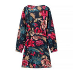 Autumn Winter All Match Printed Dress Deep V Plunge neck Long Sleeve Printed Tape Belt Dress