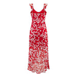 Spring Slim Fit Deep V Plunge neck Flounce Floral Red Background Waist Trimming Spaghetti Straps Maxi Dress Exposed Cropped