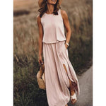 Spring Summer Women Clothing round Neck Sleeveless Dress Split Solid Color Casual Office Dress