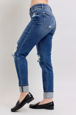Judy Blue Full Size Mid Rise Boyfriend destroy Jeans with Yoke Pockets and Faux Selvedge Cuff Plus Size - Ladyez