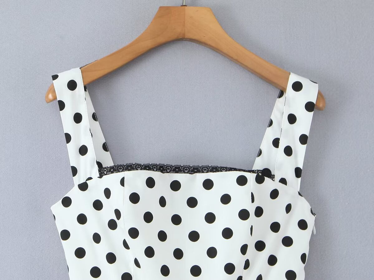 French Retro Dots Printed Lace Trim Holiday Dress Summer Waist Trimming Lace up Slim Fit Holiday Cami Long Dress
