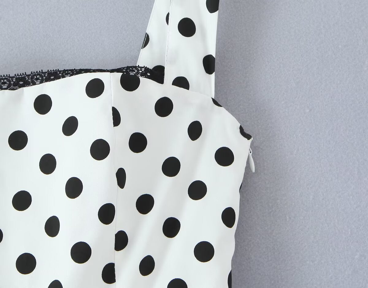 French Retro Dots Printed Lace Trim Holiday Dress Summer Waist Trimming Lace up Slim Fit Holiday Cami Long Dress