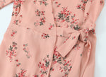 Spring French Floral Printed V neck Ruffled Cropped Sleeve Lace up Stomach Blanket Dress