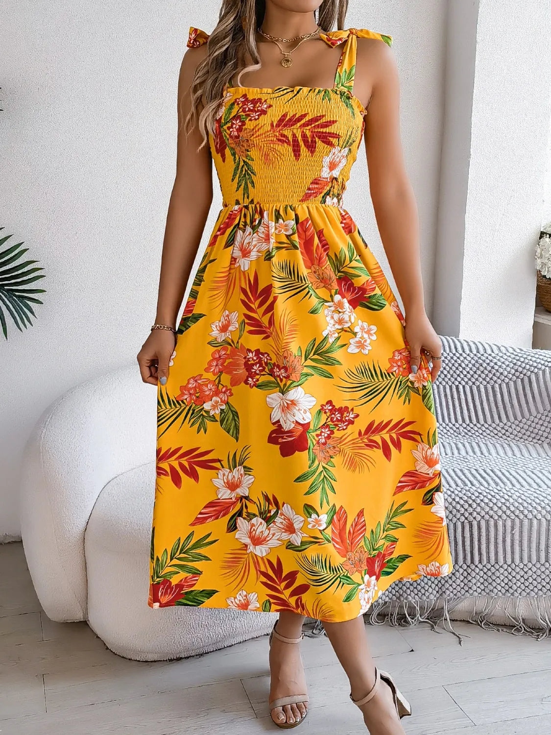Smocked Floral Tie Shoulder Midi Dress - Ladyez