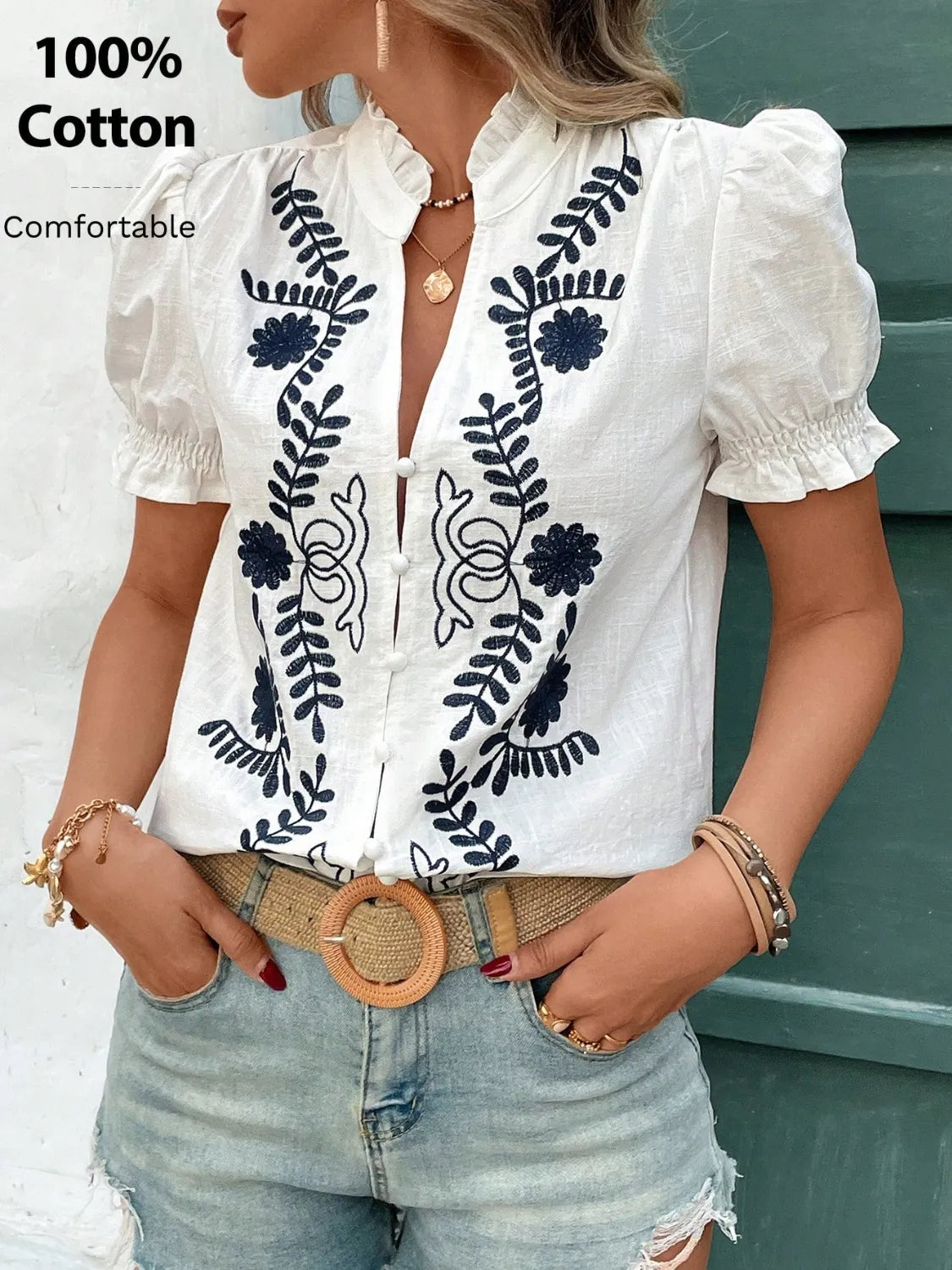 Embroidered Frill Notched Short Sleeve Blouse - Ladyez