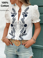 Embroidered Frill Notched Short Sleeve Blouse - Ladyez