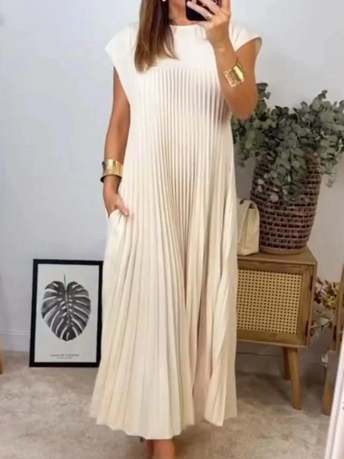 Full Size Pleated Round Neck Maxi Dress Plus Size - Ladyez