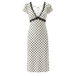 Sexy Lace Deep V Plunge neck Puff Sleeve Polka Dot Dress Tight Waist Slim Fit Sexy Midi Dress for Women