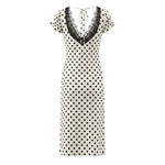 Sexy Lace Deep V Plunge neck Puff Sleeve Polka Dot Dress Tight Waist Slim Fit Sexy Midi Dress for Women