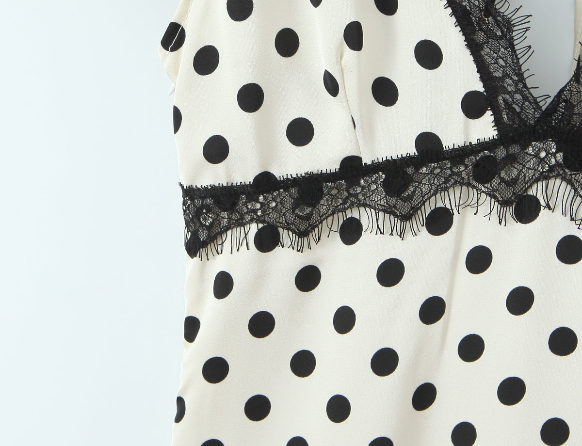 Sexy Lace Deep V Plunge neck Puff Sleeve Polka Dot Dress Tight Waist Slim Fit Sexy Midi Dress for Women