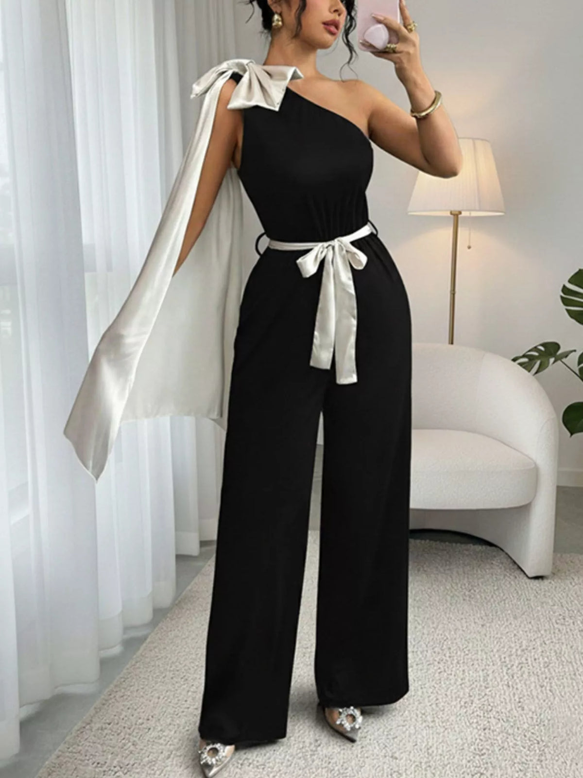 One-Shoulder Bowknot Wide Leg Jumpsuit