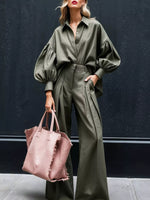 Lantern Sleeve Shirt and Wide Leg Pants Set