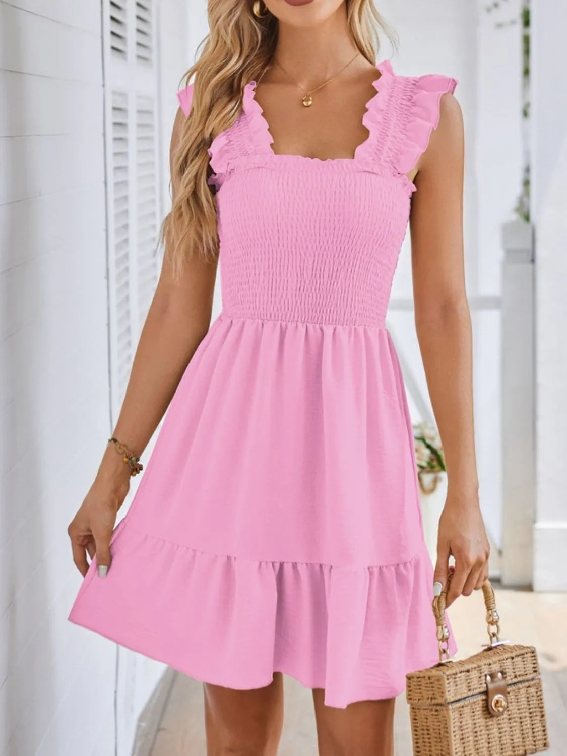 Smocked Square Neck Wide Strap Dress - Ladyez