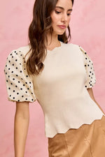 SO ME Polka Dot Contrast Woven Ballon Sleeve Blouse